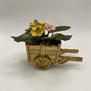 Vintage Hand Painted Gold Metal Flower Cart Paperweight Small Figurine.
